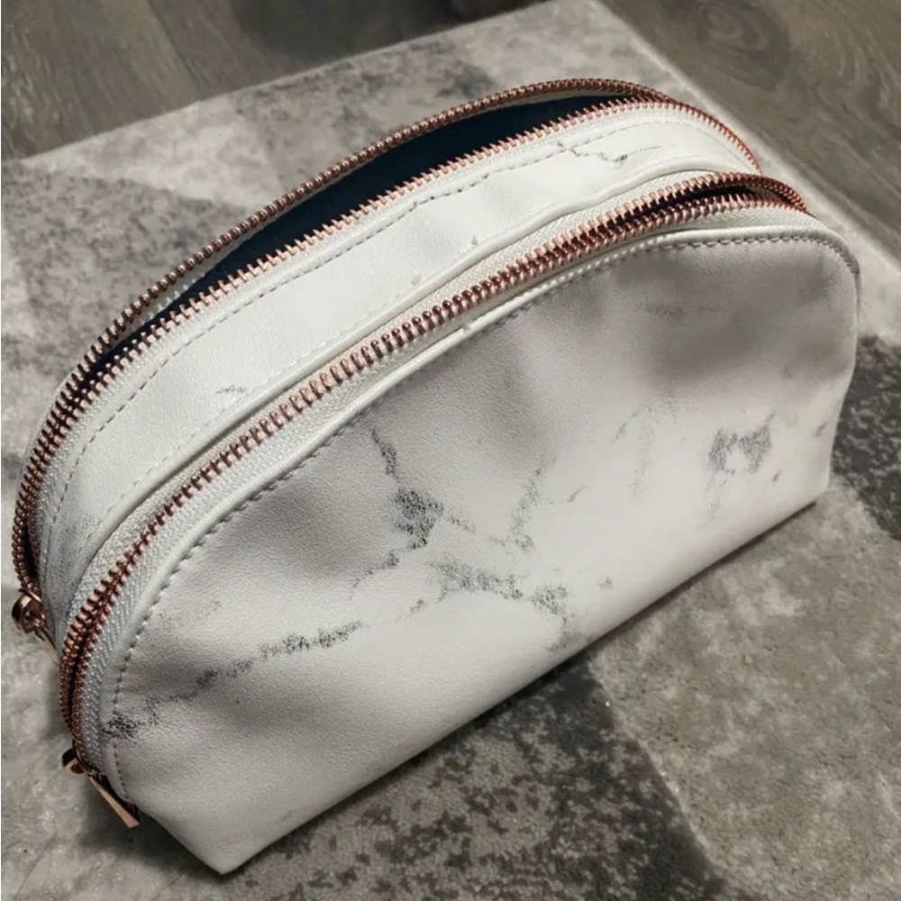 Marble Print Cosmetic Bag - White with Rose Gold Zippers